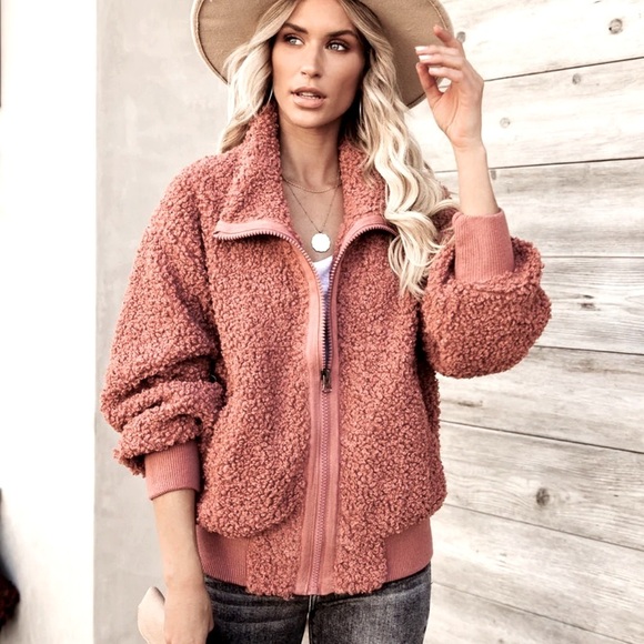 NWOT Teddy Inspired Relaxed Fit Sherpa Jacket in Terracotta Size Medium - Picture 2 of 11